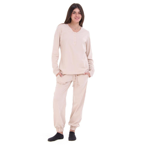 Women Fall Pajama Set Cream buttoned sweatshirt + pants